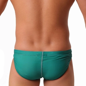 Vue arrière du slip de bain homme vert foncé avec une bande verticale grise au dos