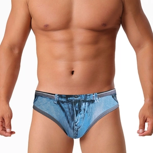 Detail of men's swim briefs with denim print including faux zipper and stitching accents