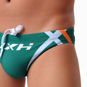 Maillot de bain vert pour hommes avec cordon blanc et détails de rayures orange