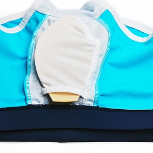 Macro view of men's swim trunks featuring a built-in pocket with yellow protective cup insert