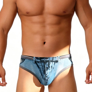 Men's Faux Denim Digital Print Briefs Sexy Low Waist Stretchy Underwear Creative Bikini Swimwear For Men Beach Party