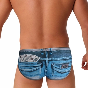 Detail showing denim print mens swim trunks with realistic pockets and banknote design