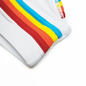 Gros plan détaillé des bandes arc-en-ciel sur le côté d'un maillot de bain blanc pour homme