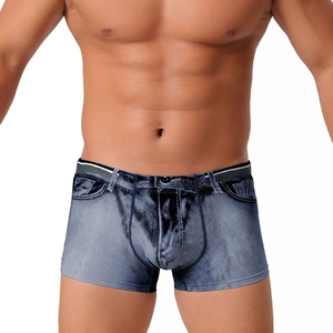 Men's denim print boxer trunks with elastic quick-dry fabric shown on a male model