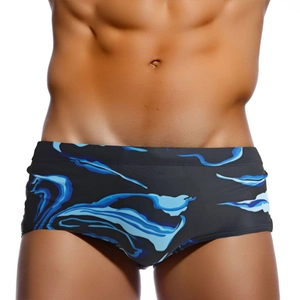 Men's square-cut swimming trunks with dynamic blue marble print on dark elastic fabric