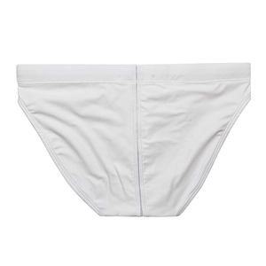 Vue détaillée arrière du slip de bain blanc pour hommes avec ceinture et couture centrale
