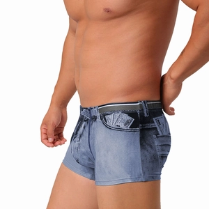 Detail view of men's quick-dry swim trunks featuring creative denim print and money patterns