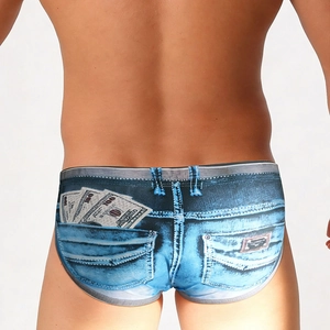 Detailed back view of quick-dry swim briefs with creative denim print and money design