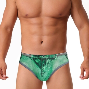 Detailed view of neon green men's swim briefs with creative faux denim jeans texture print