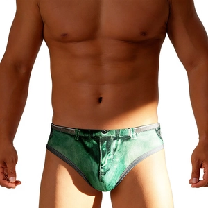 Men's quick-dry denim print swim briefs with vibrant green ergonomic slim fit design