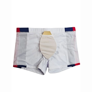 Men's athletic swim trunks featuring a side-stripe design and gold protective cup pocket