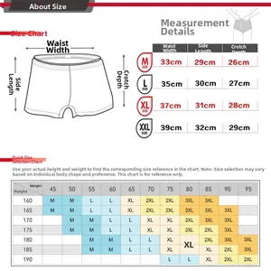 Detailed size chart for men's polka dot boxers showing waist measurements and height guide