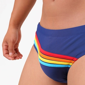Gros plan de rayures arc-en-ciel sur un slip de bain bleu marine à coutures fines