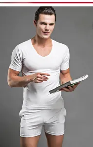 Men's modal knit sleepwear set featuring a white V-neck T-shirt and matching lounge shorts
