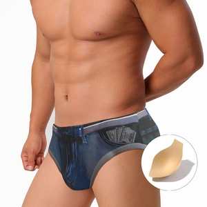 Men's sexy low-rise swim briefs with 3D denim print and removable contour cup pad