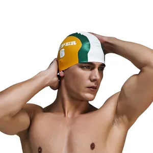 Three-color silicone swimming cap with SUPER 6 print for adults in yellow green white