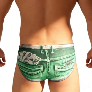 Rear view of quick-dry swim trunks featuring creative denim print and money pattern