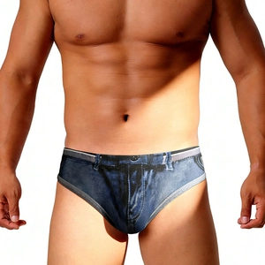 Mens quick-dry swim briefs with creative denim print design on white background