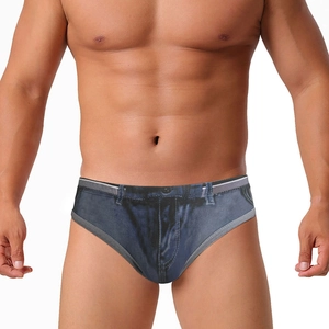 Detailed view of men's swim briefs featuring realistic denim print and elastic fabric