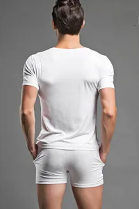 Rear view of white modal knit loungewear set including round neck t-shirt and boxer shorts