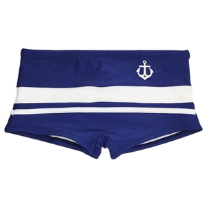 Detail of navy low-waist swim trunks with white anchor logo and stripe accent