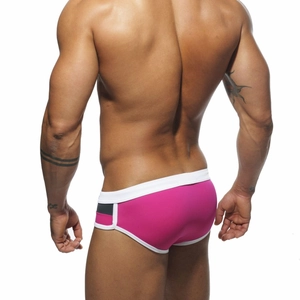 Rear view of men's athletic swimming briefs in vibrant pink with white side panels