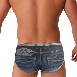 Detail view of denim print swim briefs with a creative $100 bill pocket design on the back
