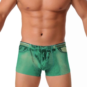 Men's green denim print swim trunks with elastic quick-dry fabric and realistic stitch detail