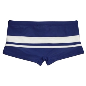 Close-up of navy blue low-rise swim trunks with white horizontal athletic stripes