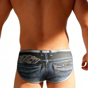 Detail of 3D denim print on quick-dry men's swim briefs with money pattern and stitching