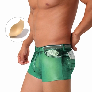 Men's quick-dry swim trunks with green denim print, money pattern and removable padding