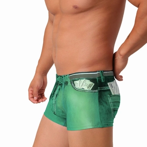 Detail of green denim print swim trunks with dollar bills pattern on elastic fabric