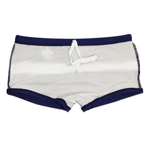 Detail of white men's swim trunks with navy blue waist trim and adjustable drawstring