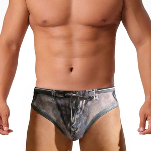 Men's quick-dry denim print swim briefs with realistic vintage wash and buckle detail