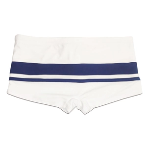 Flat lay of men's white square leg swim trunks with navy blue sporty stripes design
