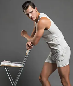 Detail showing soft knitted texture of men's modal sleepwear tank top and shorts