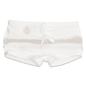 Detailed view of white low-waist men's swim trunks with adjustable drawstring waist