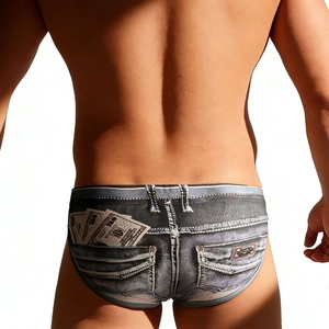 Men's denim print swim briefs with creative money graphic detail on the back view
