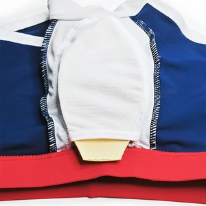 Detail of men's swim trunks with internal protective liner and breathable mesh fabric