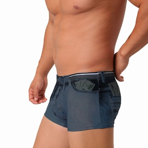 Detail of men's denim print swim trunks showing high-stretch fabric and money pattern
