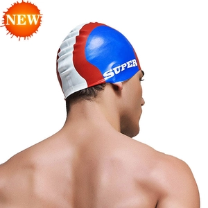 Three-color printed silicone swim cap for adults featuring white SUPER logo on side