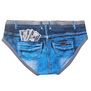 Detail of 3D denim print swim trunks with dollar bill graphic and elastic waistband