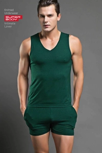 Macro shot of dark green knitted modal fabric texture on men's V-neck lounge set