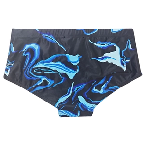 Flat lay of dark blue men's swim trunks with abstract light blue paisley print