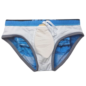 Detail of men's swim briefs featuring denim print design and removable padding insert