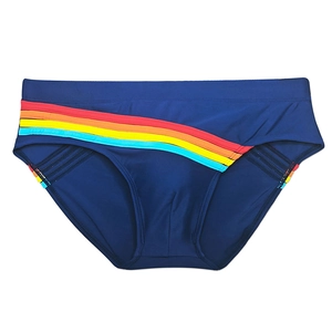 Détail du slip de bain bleu marine avec rayures arc-en-ciel diagonales sur tissu lisse