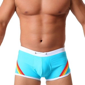 Sky blue men's swim trunks with rainbow side stripes and white drawstring for beach sports