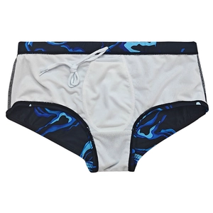 Detail of blue digital print swim trunks featuring white drawstring and inner lining