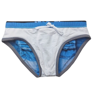 Detail of quick-dry men's swim briefs featuring realistic denim print and blue drawstring