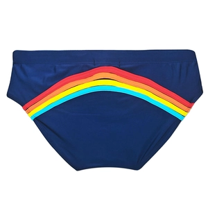 Vue arrière du slip de bain bleu marine pour hommes avec rayures arc-en-ciel